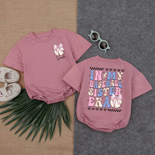 Custom Baseball Sister Era Bubble Romper Baby Girl Outfit Baseball Lover Tee Gift, Custom Name Birthday Baby Shower Present