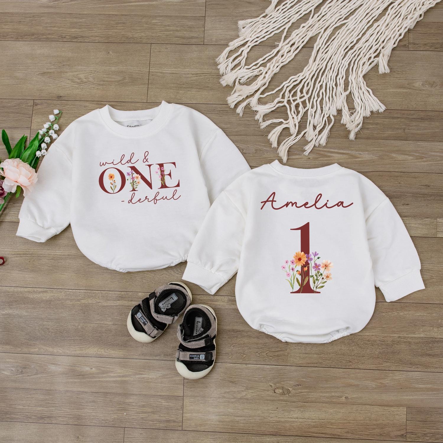 Wild ONEderful Baby Romper - Personalized Toddler Floral First Birthday Outfit - Custom Name Bodysuit - Soft Infant Clothes - Boho Baby Gift