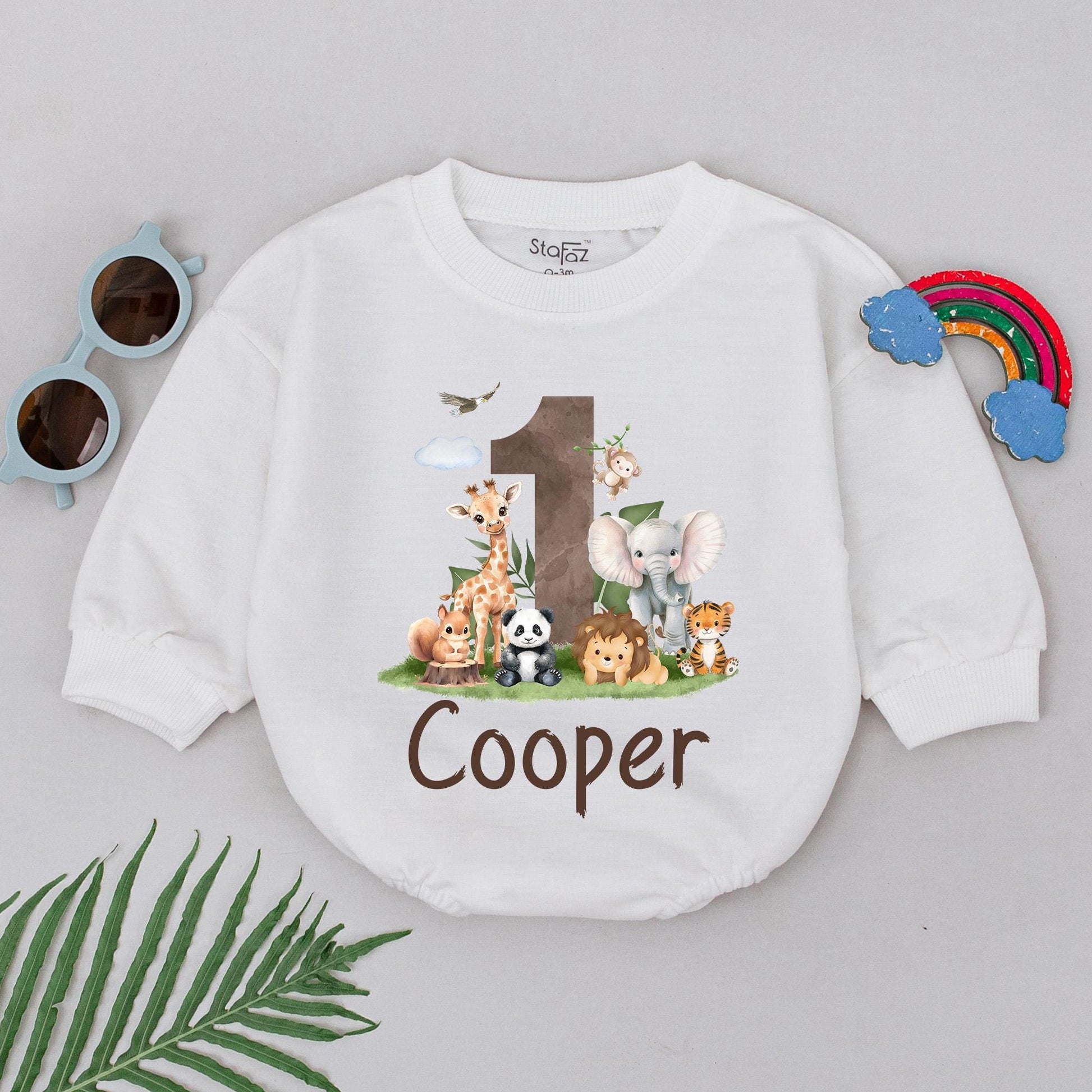 Personalized Cooper's One-derful Romper, Whimsical 1st Birthday Outfit with Cartoon Animals, Adventure Baby Clothes for First Birthday Boy