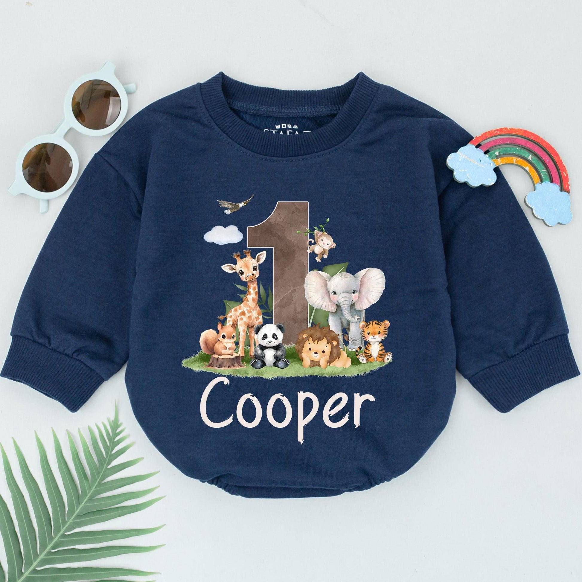 Personalized Cooper's One-derful Romper, Whimsical 1st Birthday Outfit with Cartoon Animals, Adventure Baby Clothes for First Birthday Boy