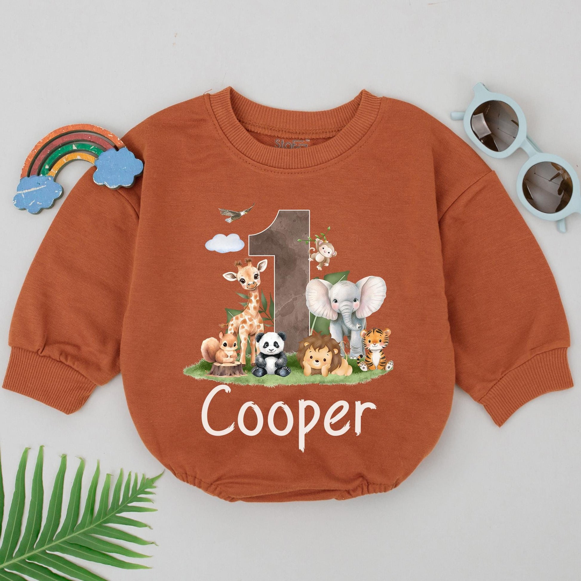 Personalized Cooper's One-derful Romper, Whimsical 1st Birthday Outfit with Cartoon Animals, Adventure Baby Clothes for First Birthday Boy