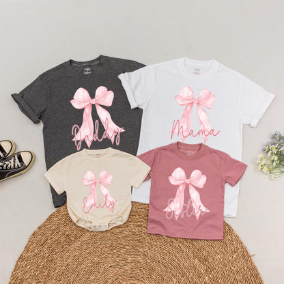 Personalized Pink Bow First Birthday Family T-Shirt Matching Outfit Custom Name 1st Birthday Girl Pink Bow Party Celebration Gift