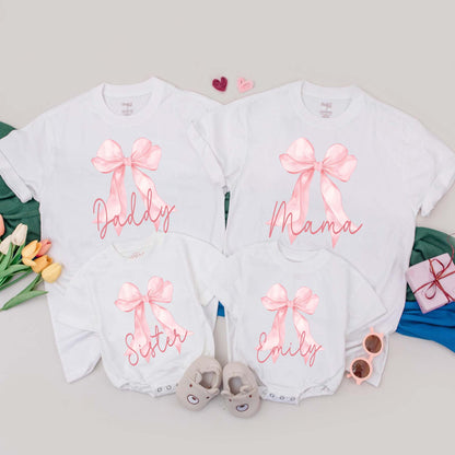 Personalized Pink Bow First Birthday Family T-Shirt Matching Outfit Custom Name 1st Birthday Girl Pink Bow Party Celebration Gift