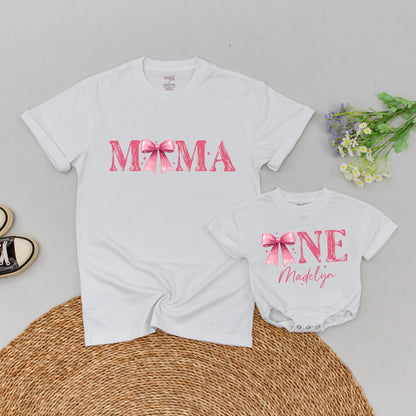Custom Pink Bow First Birthday Family T-Shirt Sweet Girl 1st Birthday Party Matching Outfits