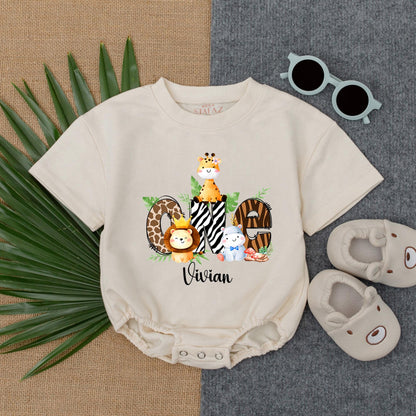 Wild One Safari Birthday T-Shirt Romper Personalized Name Jungle Animals Giraffe Zebra Leopard Boy Girl First Birthday Gift