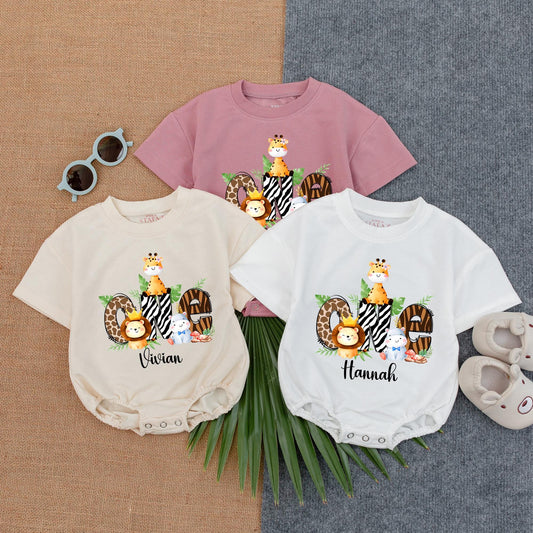 Wild One Safari Birthday T-Shirt Romper Personalized Name Jungle Animals Giraffe Zebra Leopard Boy Girl First Birthday Gift