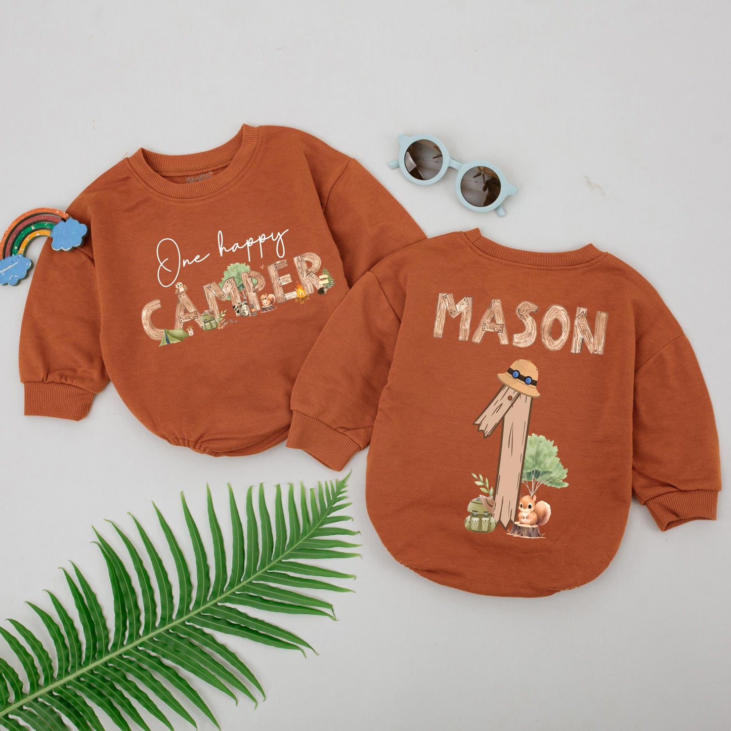 Personalized Happy Camper Romper Adventure Birthday Outfit Baby Boy 1st Birthday Forest Squirrel Campfire Woodland Style