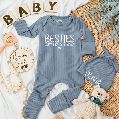Besties Just Like Our Moms Baby Bodysuit & Hat Set Gender Neutral Newborn Outfit Coming Soon Gift