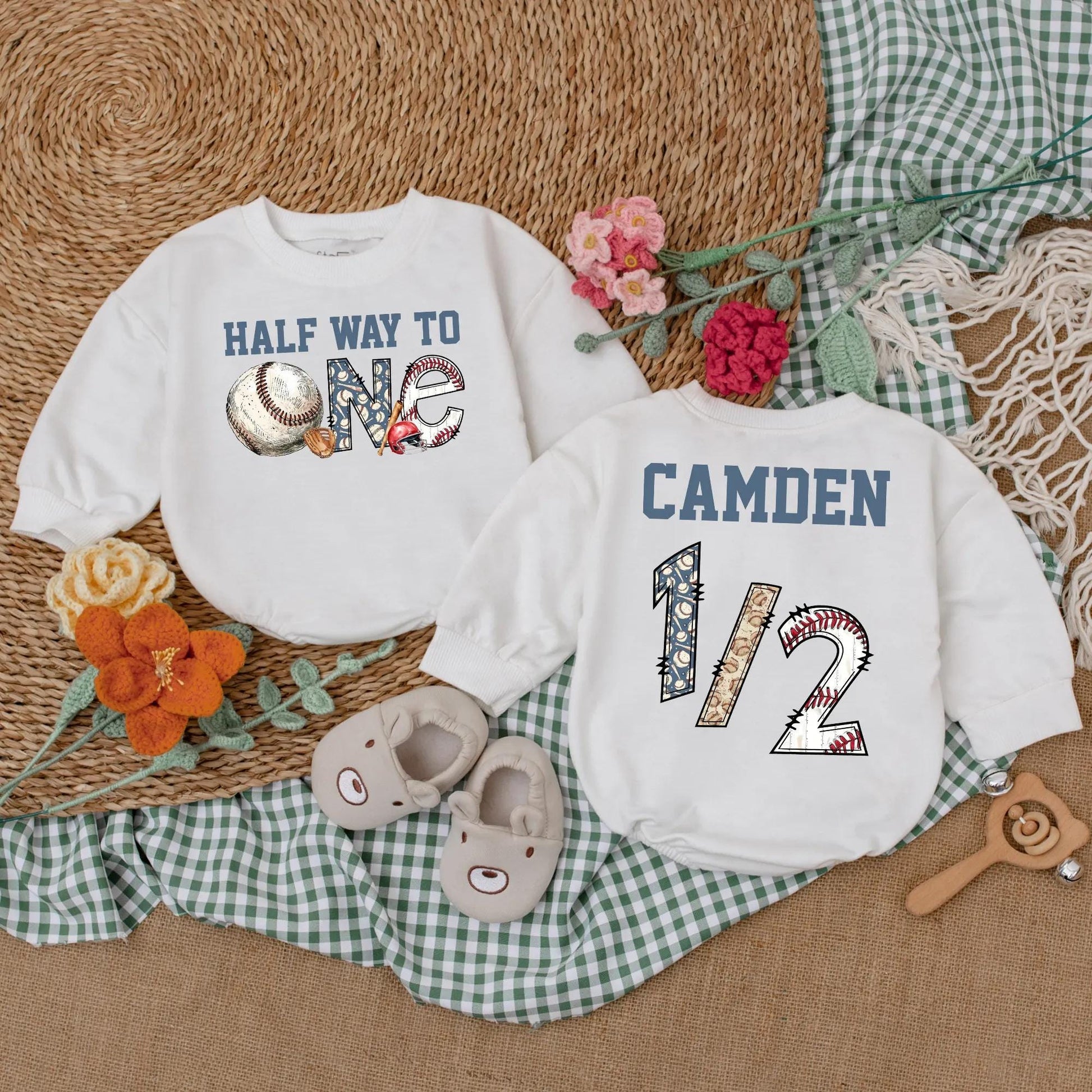 Personalized Half Way To One Baseball Romper Baby Boy Half Birthday Outfit Blue Baseball Theme for 6 Months Celebration Gift