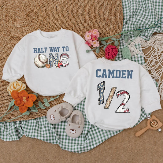 Personalized Half Way To One Baseball Romper Baby Boy Half Birthday Outfit Blue Baseball Theme for 6 Months Celebration Gift