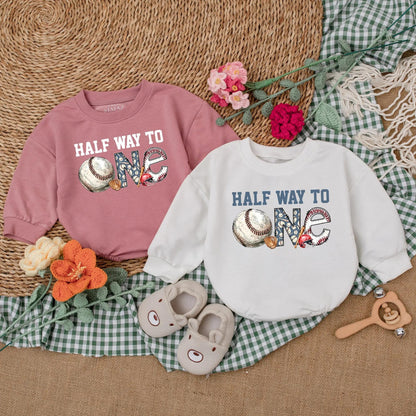 Personalized Half Way To One Baseball Romper Baby Boy Half Birthday Outfit Blue Baseball Theme for 6 Months Celebration Gift
