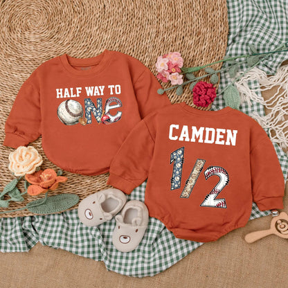 Personalized Half Way To One Baseball Romper Baby Boy Half Birthday Outfit Blue Baseball Theme for 6 Months Celebration Gift