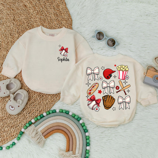 Personalized Girl Baseball Game Day Bubble Romper Custom Name Baseball Baby Outfit Minimalist Sporty Gift for Little Slugger