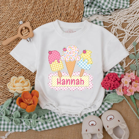 Personalized Ice Cream First Birthday Bubble Romper Summer Baby Bodysuit Cake Smash Outfit Sweet One Party Celebration Gift for Infant Girl