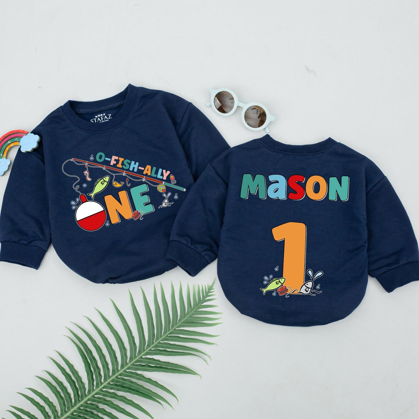 Personalized O-Fish-Ally One Romper, Fishing Birthday Boy Outfit, Custom Name 1st Birthday Baby Bodysuit, Smash Cake, Red & Blue Tackle Design 130-140 chars
