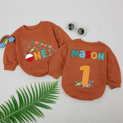 Personalized O-Fish-Ally One Romper, Fishing Birthday Boy Outfit, Custom Name 1st Birthday Baby Bodysuit, Smash Cake, Red & Blue Tackle Design 130-140 chars