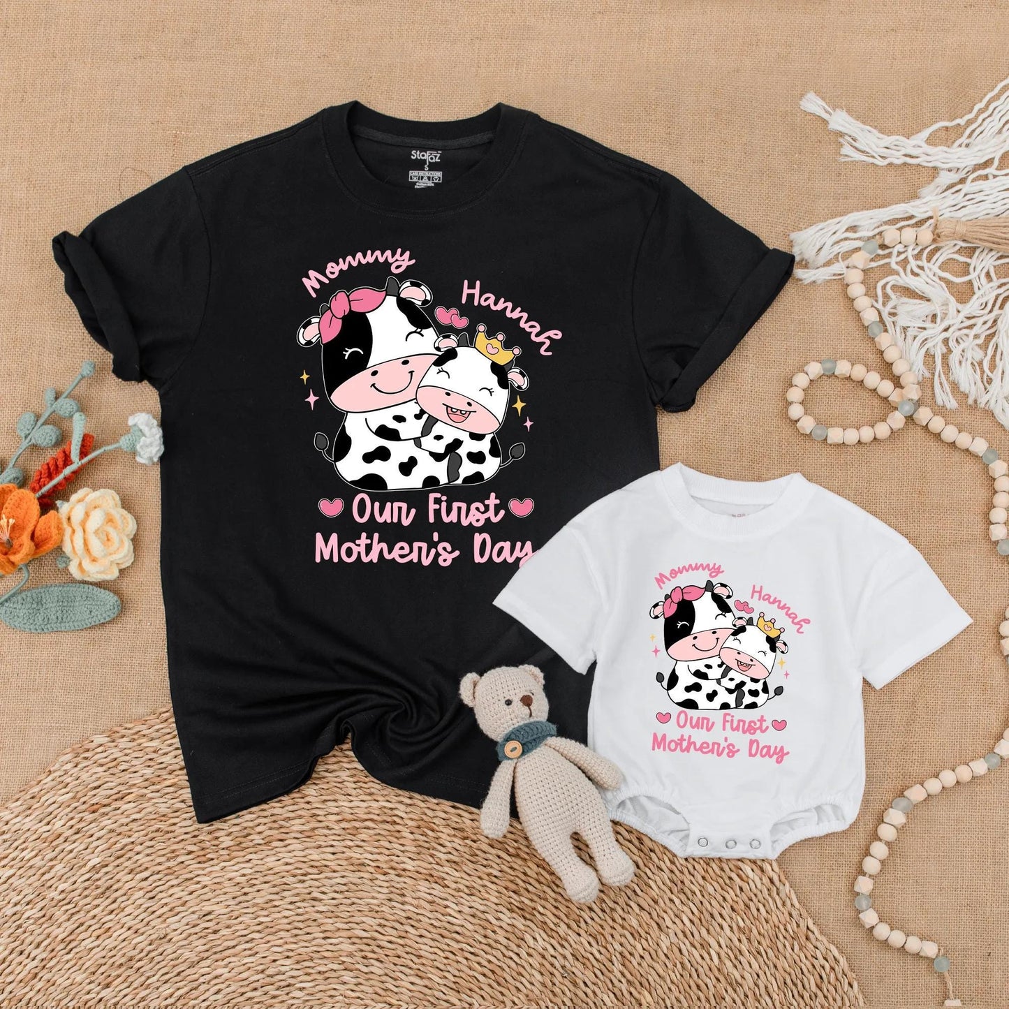 Personalized Pink Cow Mommy and Me Matching Shirts Our First Mother's Day Together Outfit Adorable Farm Animal Mama Baby Gift