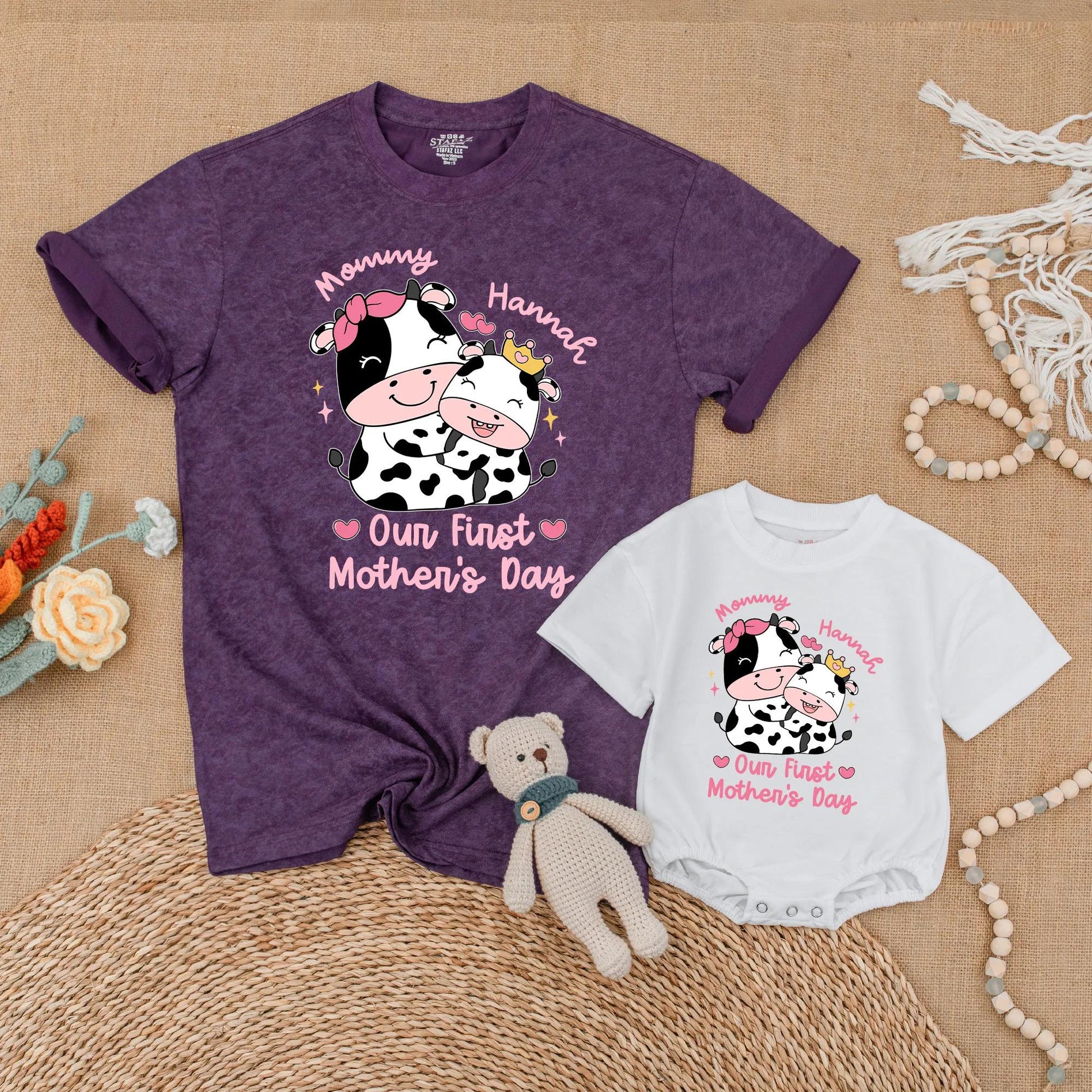 Personalized Pink Cow Mommy and Me Matching Shirts Our First Mother's Day Together Outfit Adorable Farm Animal Mama Baby Gift