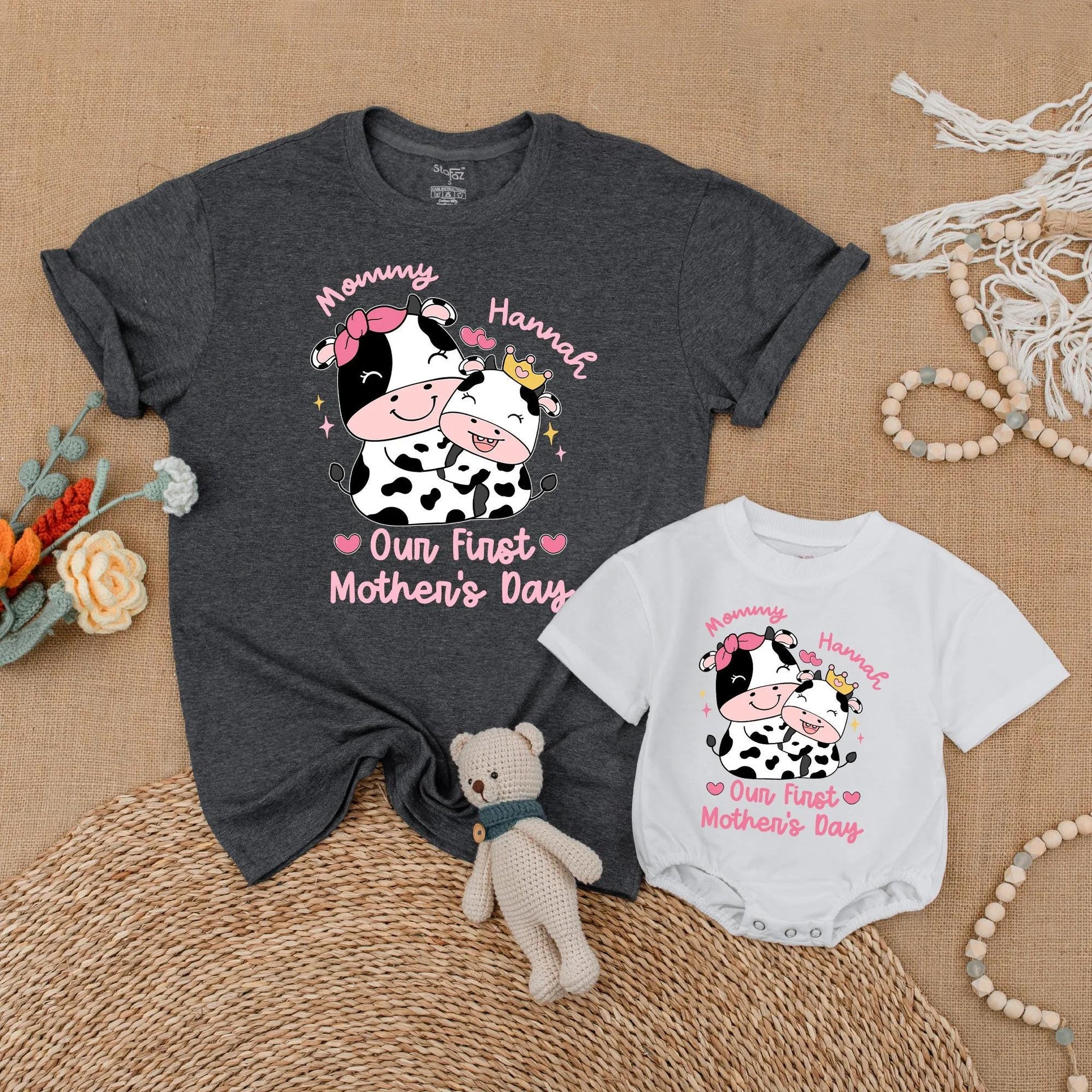 Personalized Pink Cow Mommy and Me Matching Shirts Our First Mother's Day Together Outfit Adorable Farm Animal Mama Baby Gift
