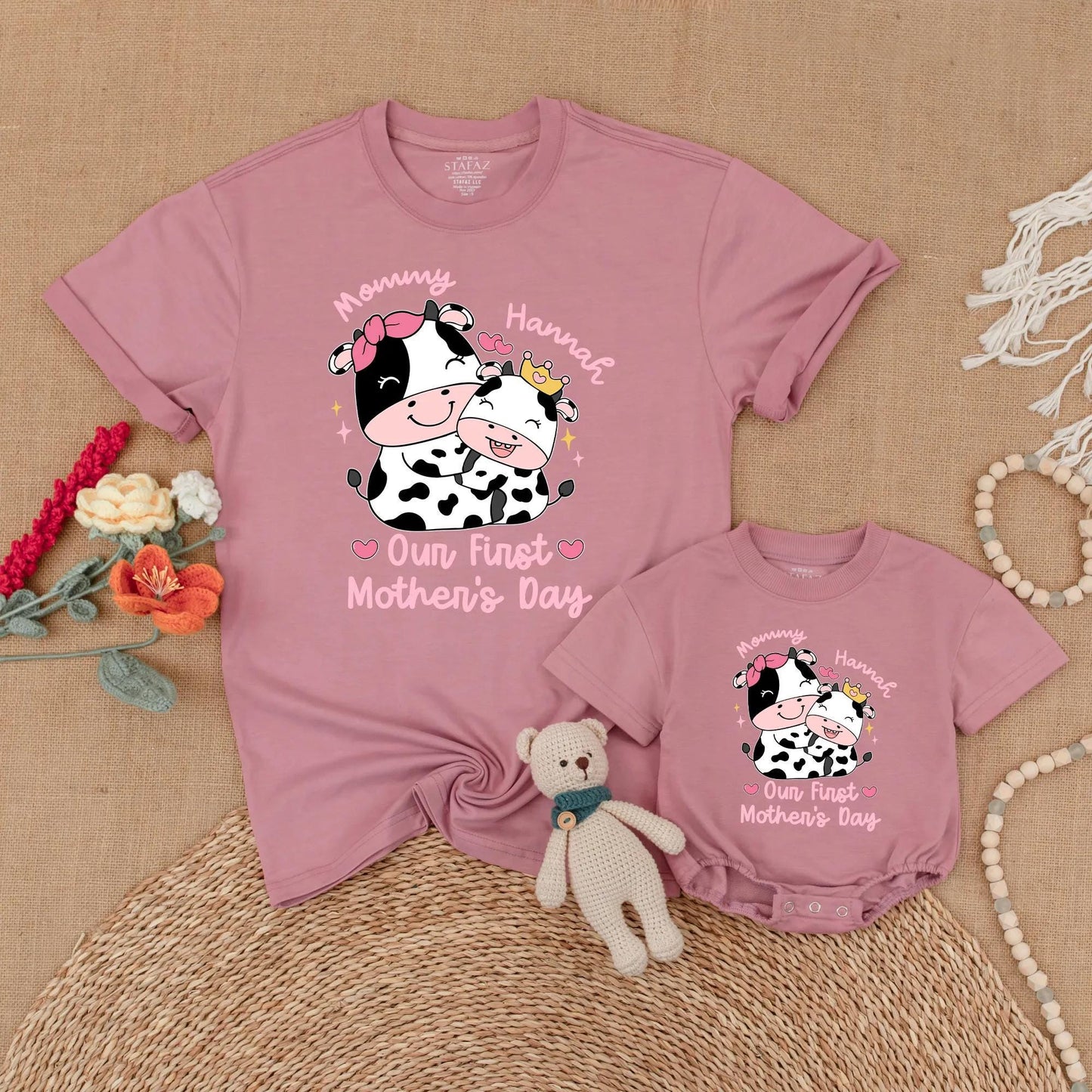 Personalized Pink Cow Mommy and Me Matching Shirts Our First Mother's Day Together Outfit Adorable Farm Animal Mama Baby Gift