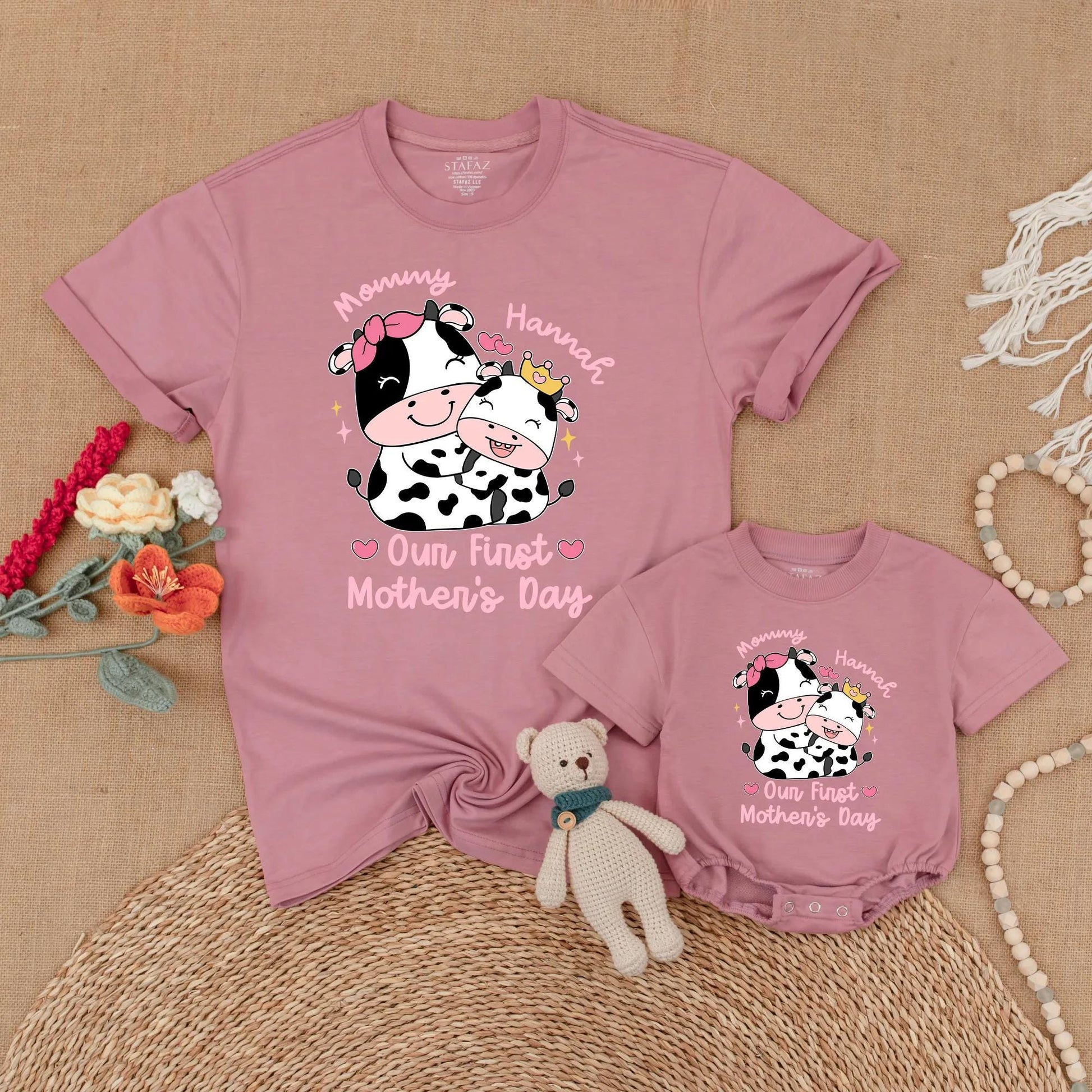Personalized Pink Cow Mommy and Me Matching Shirts Our First Mother's Day Together Outfit Adorable Farm Animal Mama Baby Gift