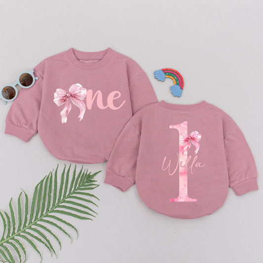 Personalized 1st Birthday Romper for Baby Girl, Pink Ribbon One Design Outfit with Her Name, Watercolor First Year Bodysuit Gift