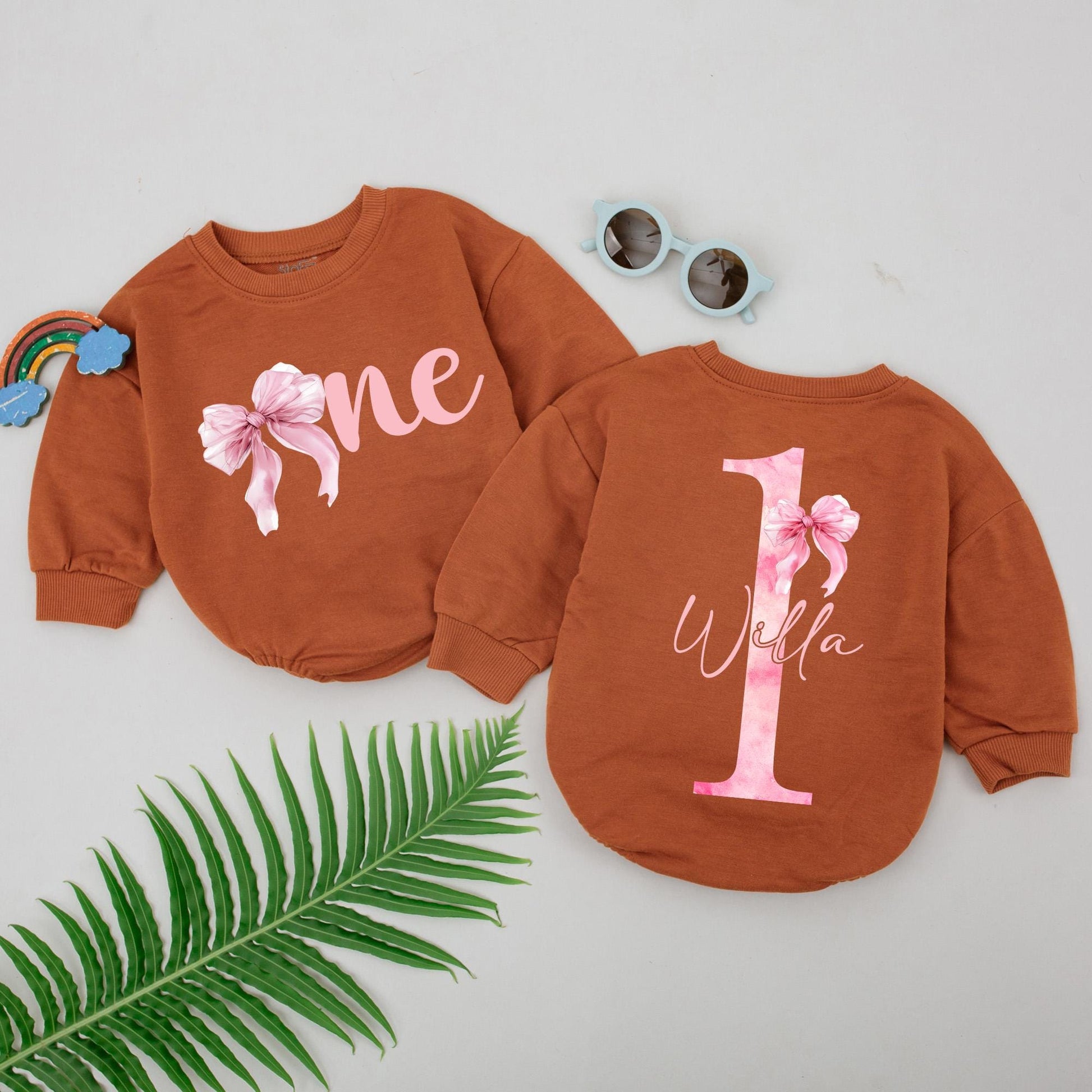 Personalized 1st Birthday Romper for Baby Girl, Pink Ribbon One Design Outfit with Her Name, Watercolor First Year Bodysuit Gift