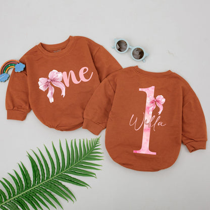 Personalized 1st Birthday Romper for Baby Girl, Pink Ribbon One Design Outfit with Her Name, Watercolor First Year Bodysuit Gift