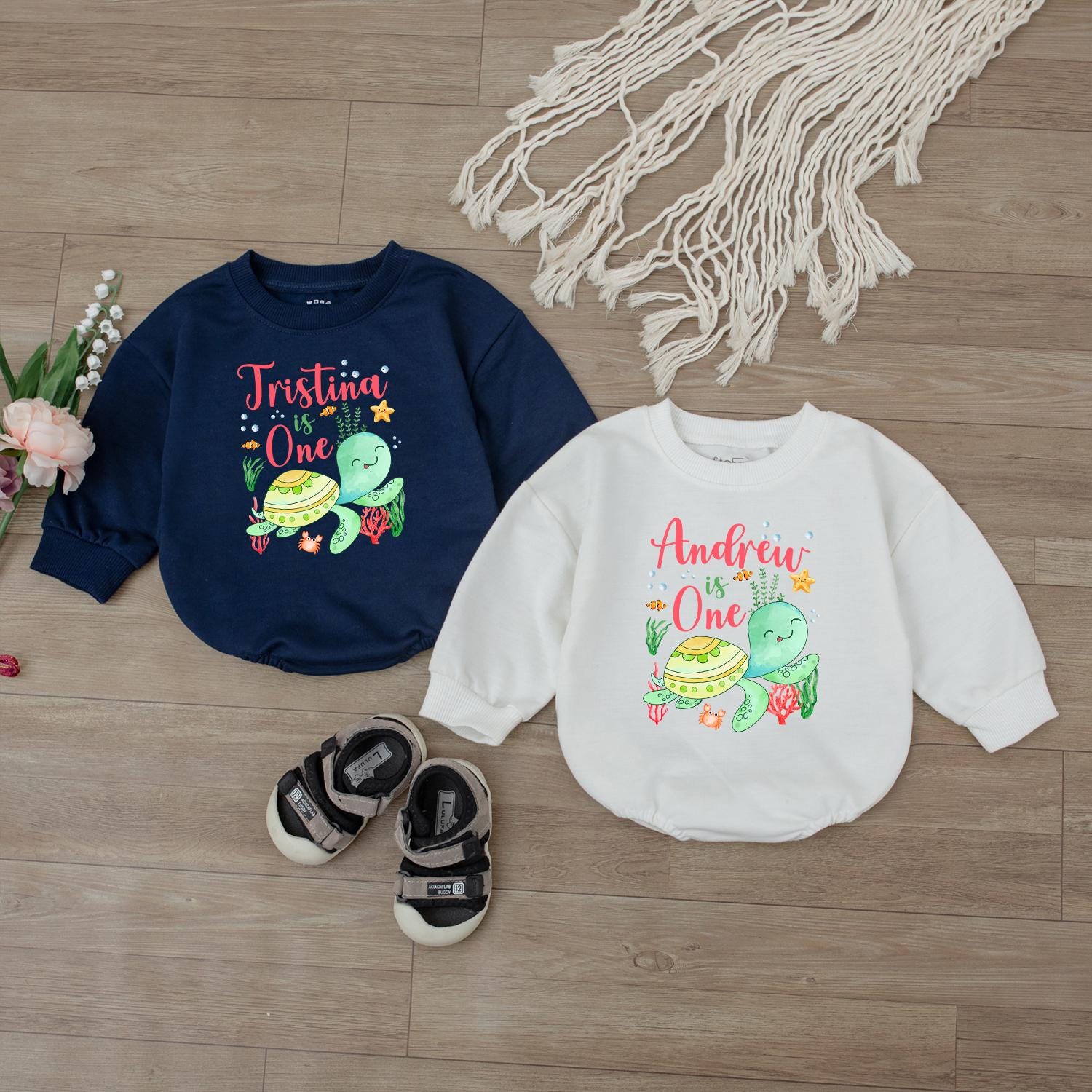Personalized Sea Turtle First Birthday Romper Ocean Theme Baby Outfit Toddler Party Clothes Cute Infant Bodysuit Unique Summer Gift