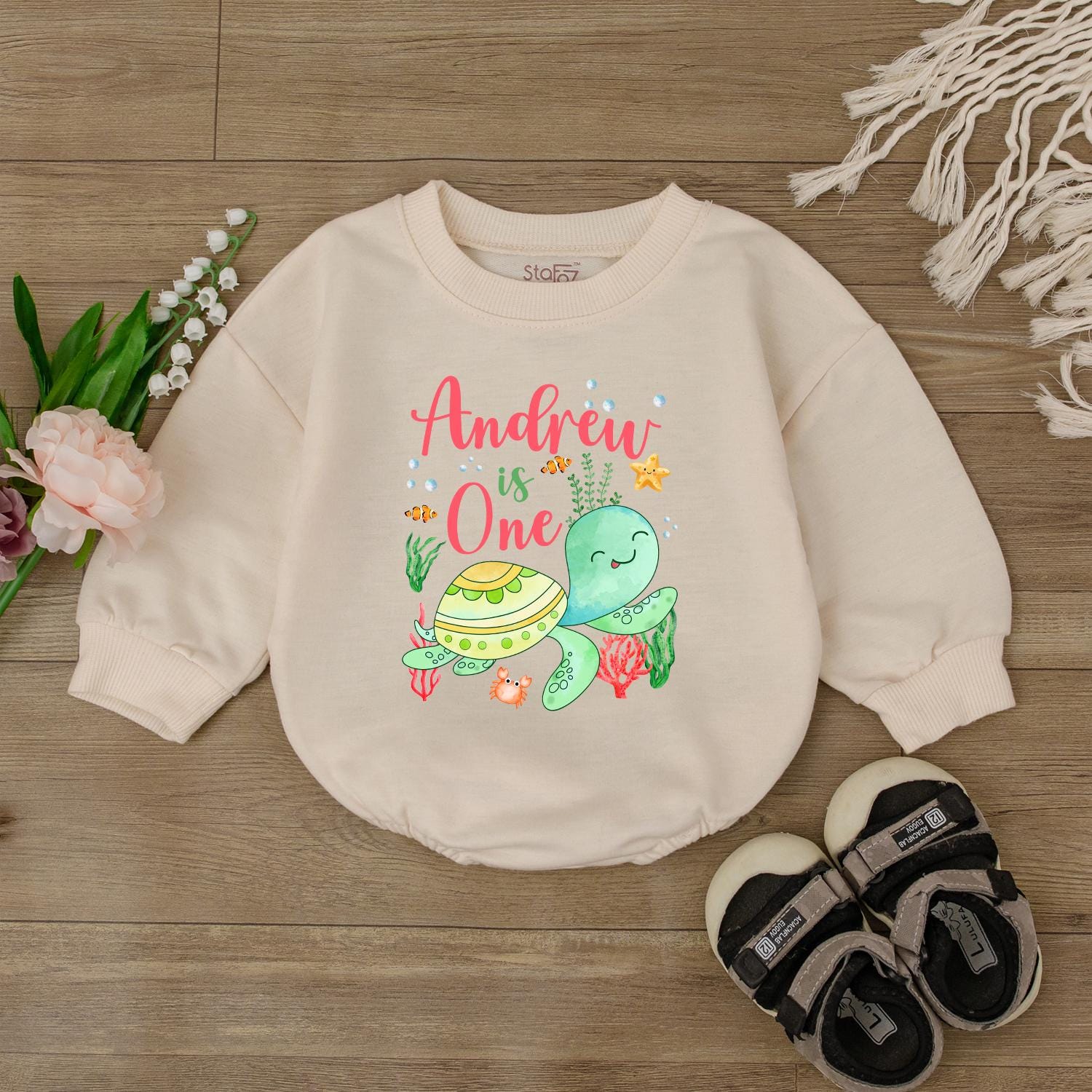 Personalized Sea Turtle First Birthday Romper Ocean Theme Baby Outfit Toddler Party Clothes Cute Infant Bodysuit Unique Summer Gift