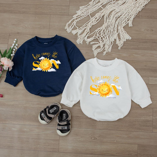 Here Comes the Sun Baby Sweatshirt Toddler Sunshine Outfit Cute Sun Print Pullover Kids Long Sleeve Crewneck Summer Beach Baby Clothes