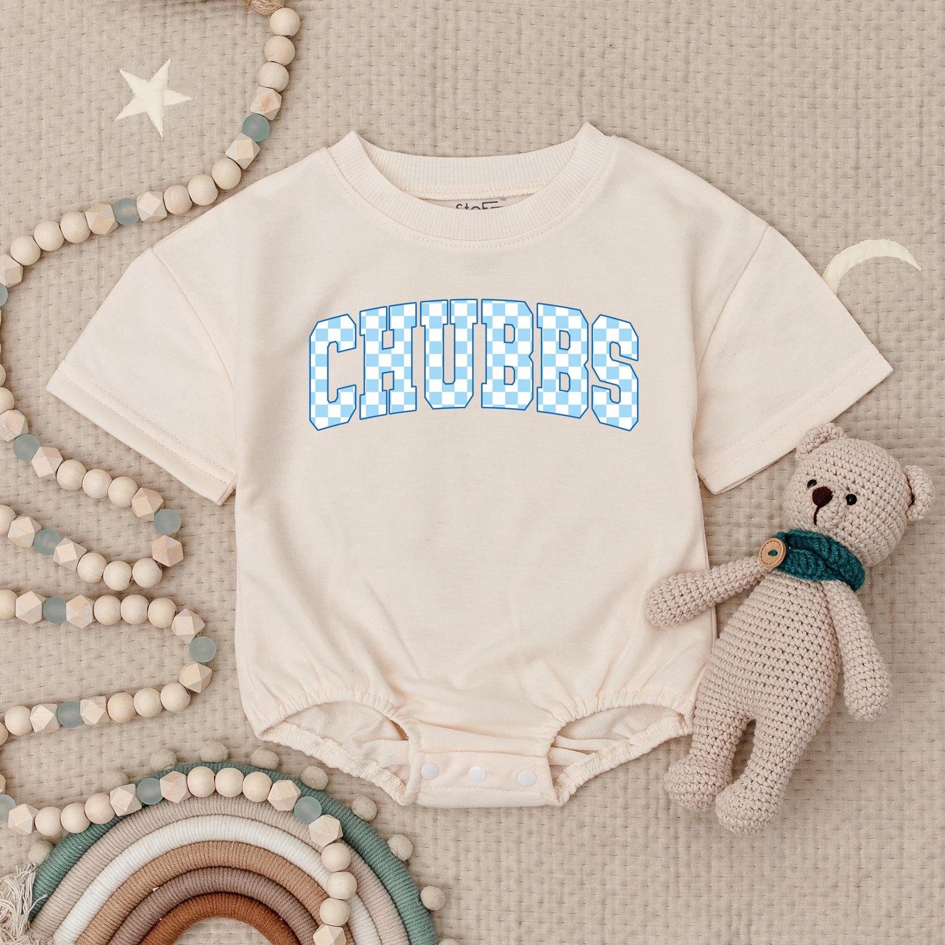 Chubbs Baby Boy Romper Classic Checkerboard Varsity Style First Birthday Outfit Adorable Blue & White Outfit for Little Gents Summer Casual Wear