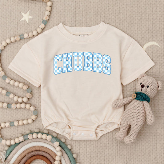Chubbs Baby Boy Romper Classic Checkerboard Varsity Style First Birthday Outfit Adorable Blue & White Outfit for Little Gents Summer Casual Wear