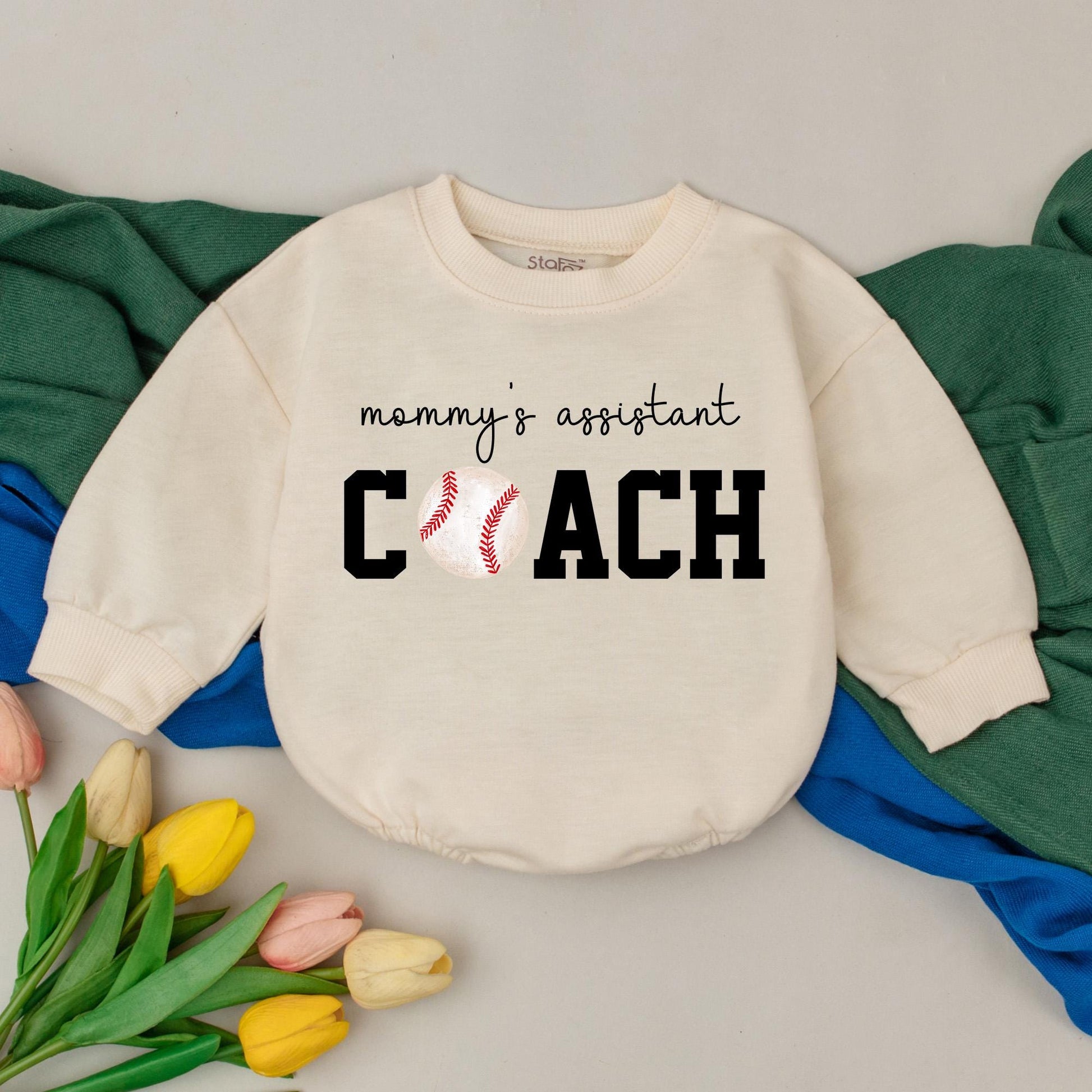 Baby's 'Mommy's Assistant Coach' Romper: Baseball Outfit for Baby Girl or Boy, Cute Sports Gift, Baseball Baby Shower Present