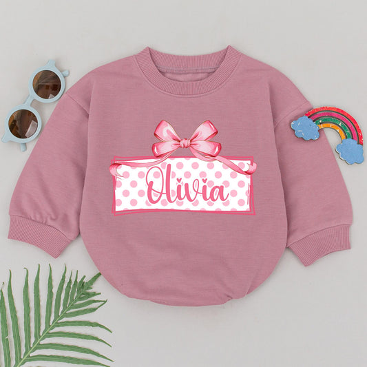Personalized Pink Bow First Birthday Romper for Baby Girls with Name Polka Dot Design One Year Old Celebration Outfit Comfortable Cotton
