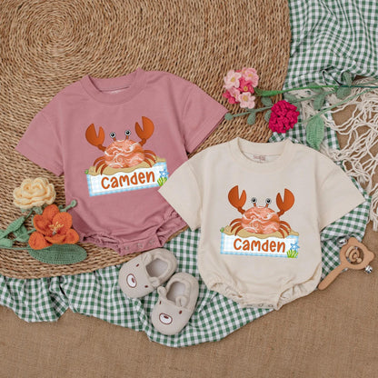Personalized Cute Crab Baby Romper with Adorable Beach Theme Bodysuit, Soft Summer Outfit for Newborn Girl Boy Baby Shower Gift