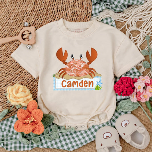 Personalized Cute Crab Baby Romper with Adorable Beach Theme Bodysuit, Soft Summer Outfit for Newborn Girl Boy Baby Shower Gift