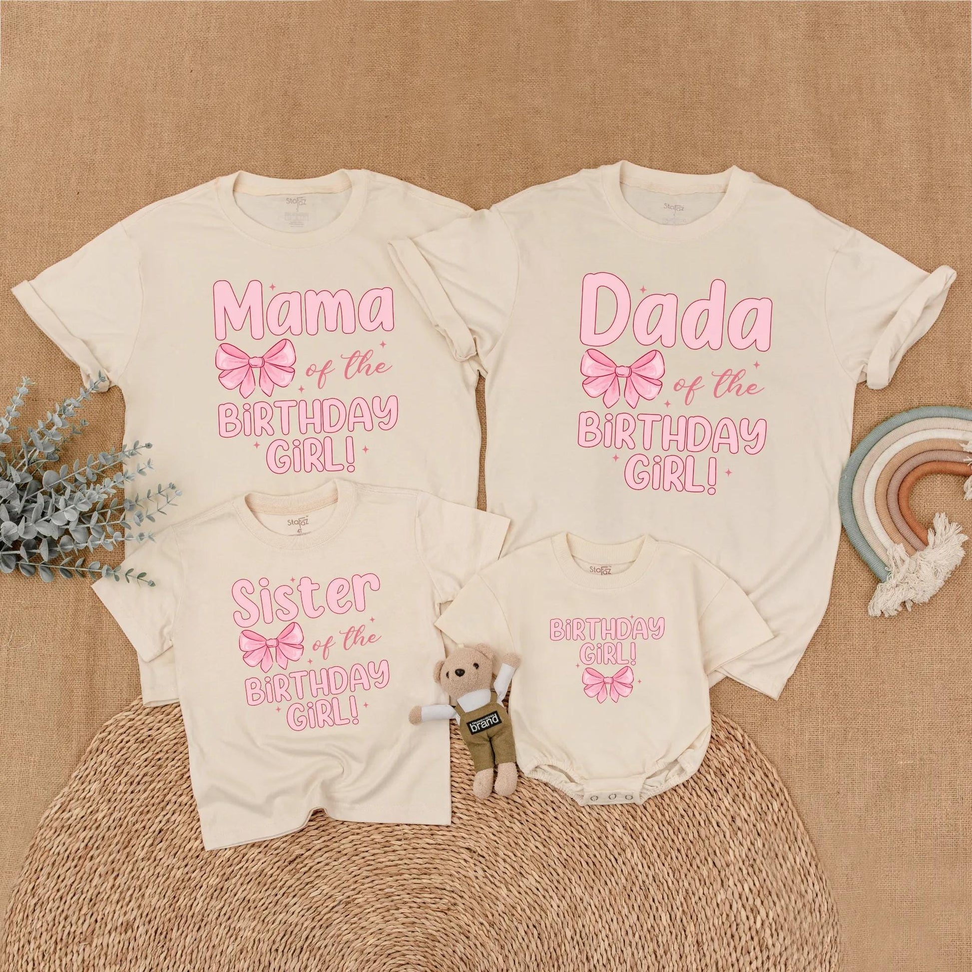 Custom Pink Bow First Birthday Family Shirts Matching Mommy Daddy Baby Girl Outfit First Birthday Gift