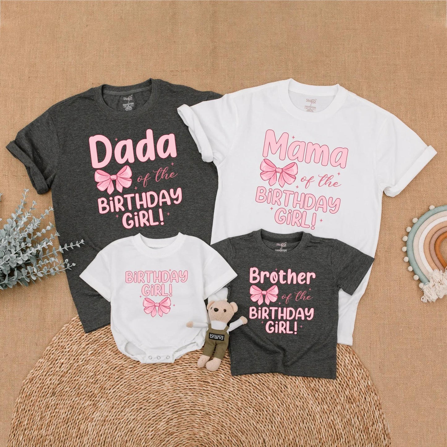 Custom Pink Bow First Birthday Family Shirts Matching Mommy Daddy Baby Girl Outfit First Birthday Gift