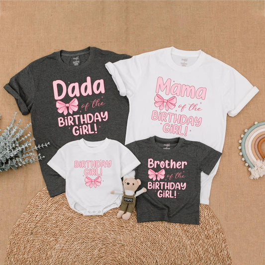 Custom Pink Bow First Birthday Family Shirts Matching Mommy Daddy Baby Girl Outfit First Birthday Gift