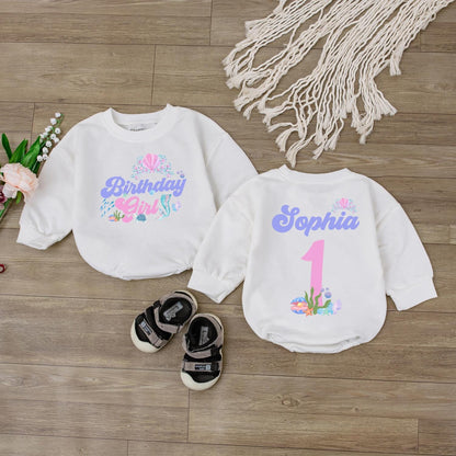Sparkling Mermaid Birthday Girl Outfit Personalized Baby Romper First Birthday Bodysuit Custom Name Ocean Theme Baby Gift