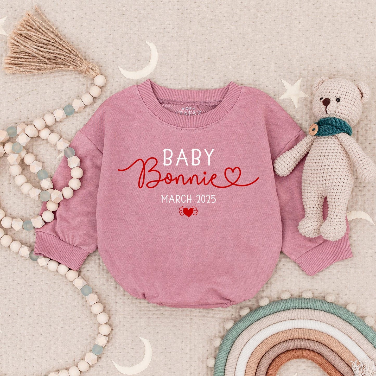 Custom Baby Announcement Romper "Baby Bonnie" March 2025 with Heart & Wings Design Natural Cotton Newborn Gift Sweet Charming