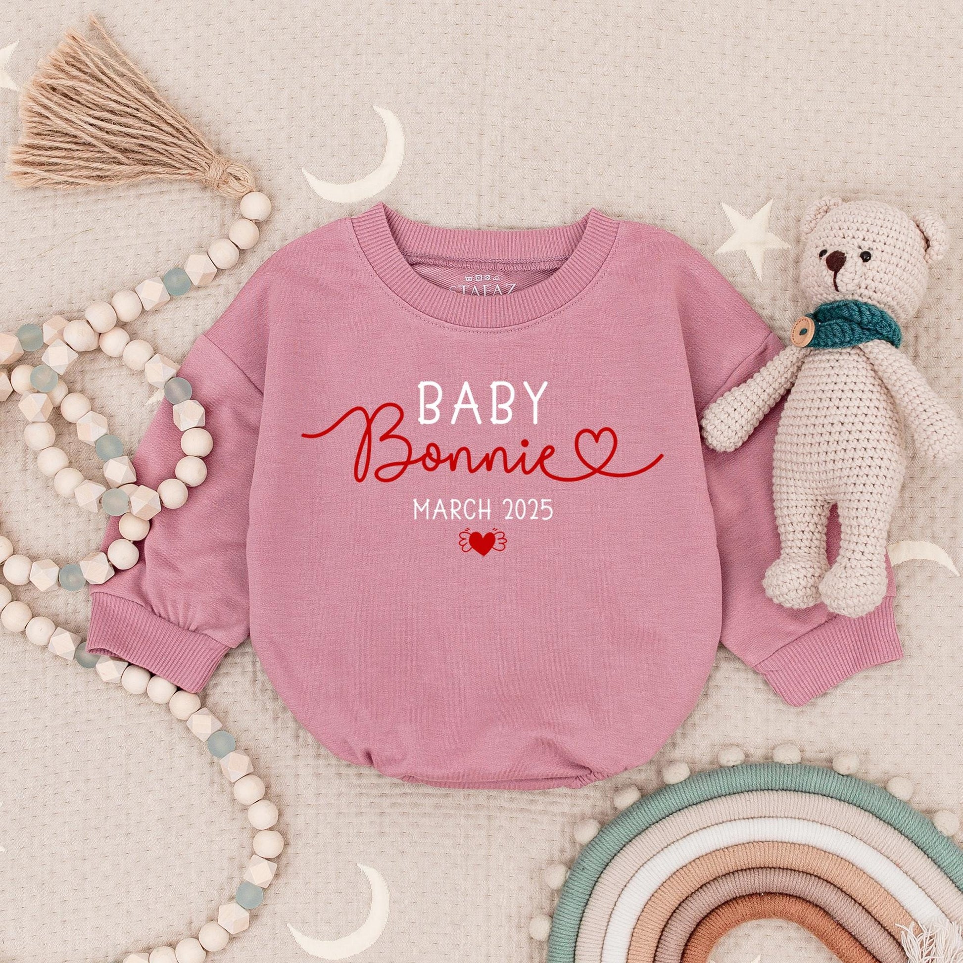 Custom Baby Announcement Romper "Baby Bonnie" March 2025 with Heart & Wings Design Natural Cotton Newborn Gift Sweet Charming