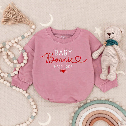 Custom Baby Announcement Romper "Baby Bonnie" March 2025 with Heart & Wings Design Natural Cotton Newborn Gift Sweet Charming