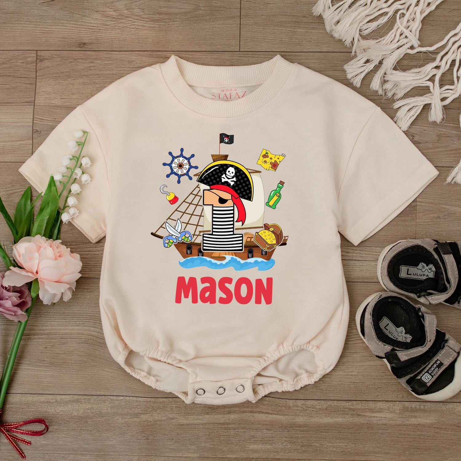 Custom Pirate Baby Romper Personalized Name Outfit First Birthday Toddler Boy Gift Nautical Theme Cotton Comfortable Casual Wear Adventure Adventure