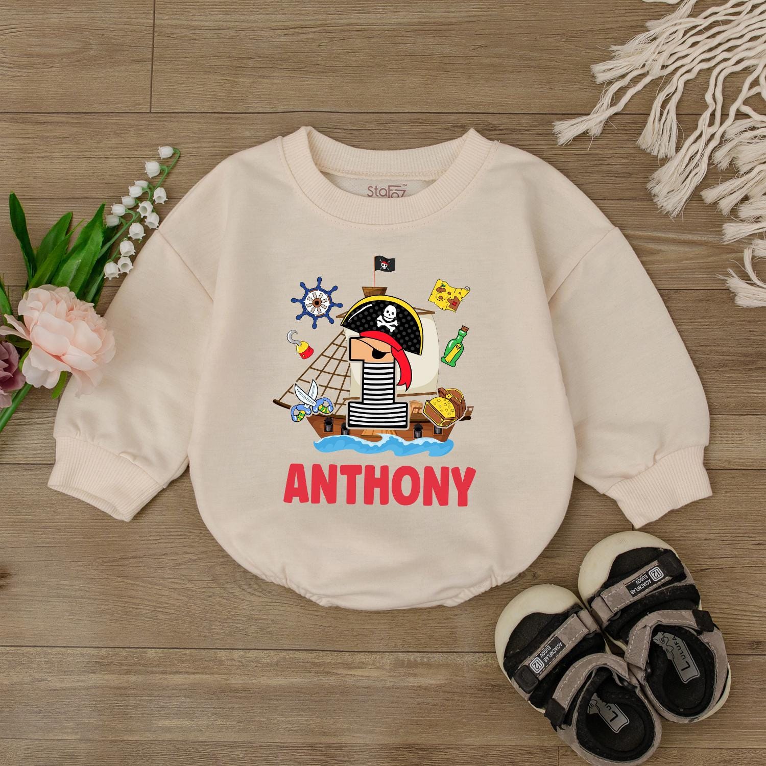 Pirate Baby Romper - Personalized Custom Name Bodysuit First Birthday Outfit Boy Gift - Ocean Theme Toddler Clothes
