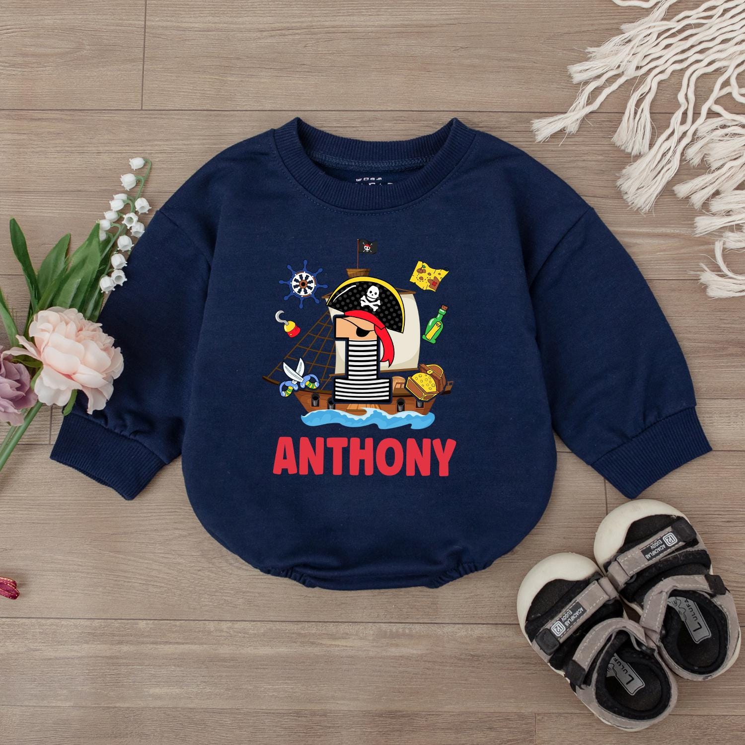 Pirate Baby Romper - Personalized Custom Name Bodysuit First Birthday Outfit Boy Gift - Ocean Theme Toddler Clothes
