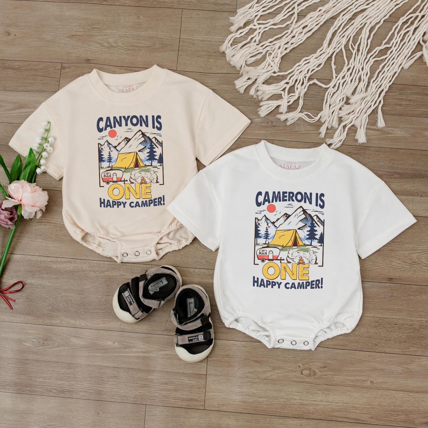 Happy Camper 1st Birthday Romper Baby Outfit, Custom Name Bodysuit, Outdoor Theme Baby Boy or Girl Gift