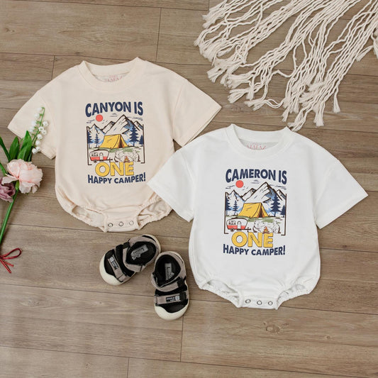 Happy Camper 1st Birthday Romper Baby Outfit, Custom Name Bodysuit, Outdoor Theme Baby Boy or Girl Gift