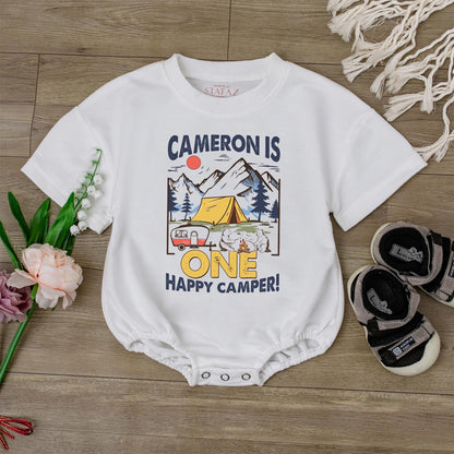 Happy Camper 1st Birthday Romper Baby Outfit, Custom Name Bodysuit, Outdoor Theme Baby Boy or Girl Gift
